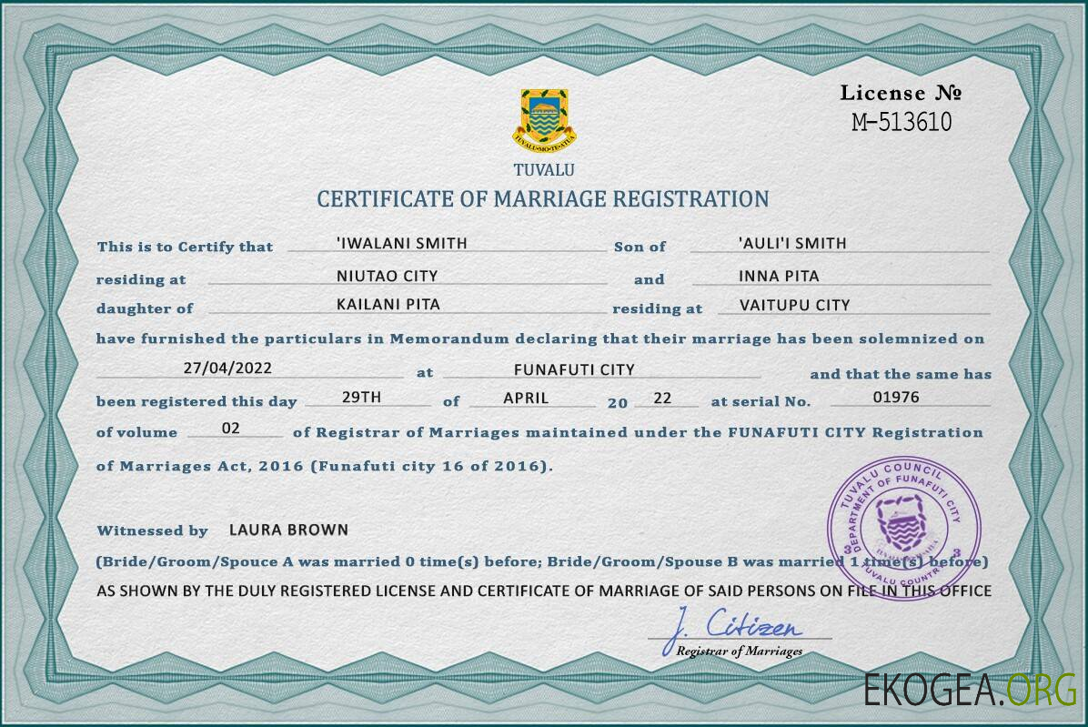 Modèle PSD de certificat de mariage de Tuvalu